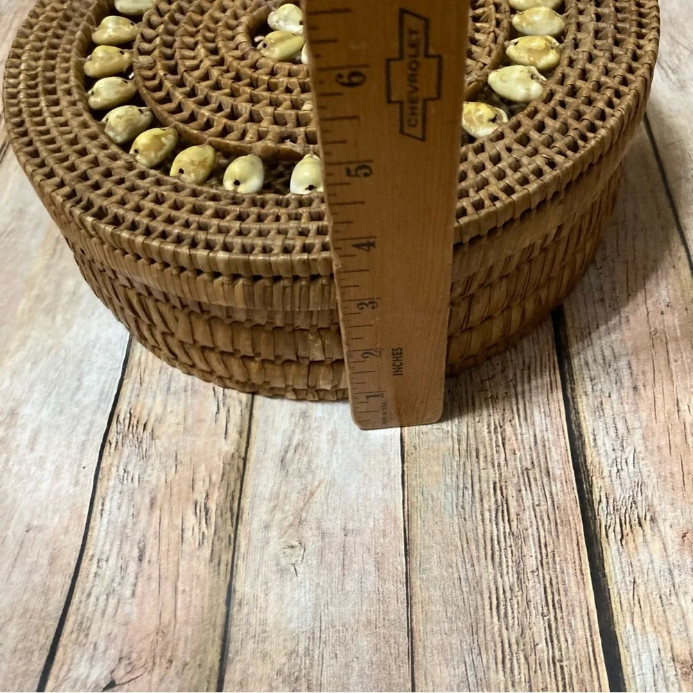 Hand Made 9.5”Round Covered Basket withh Yellow Cowrie Shells from Virgin Island